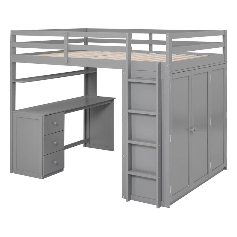 Lit mezzanine complet avec poste de travail, armoire, bureau et tiroirs