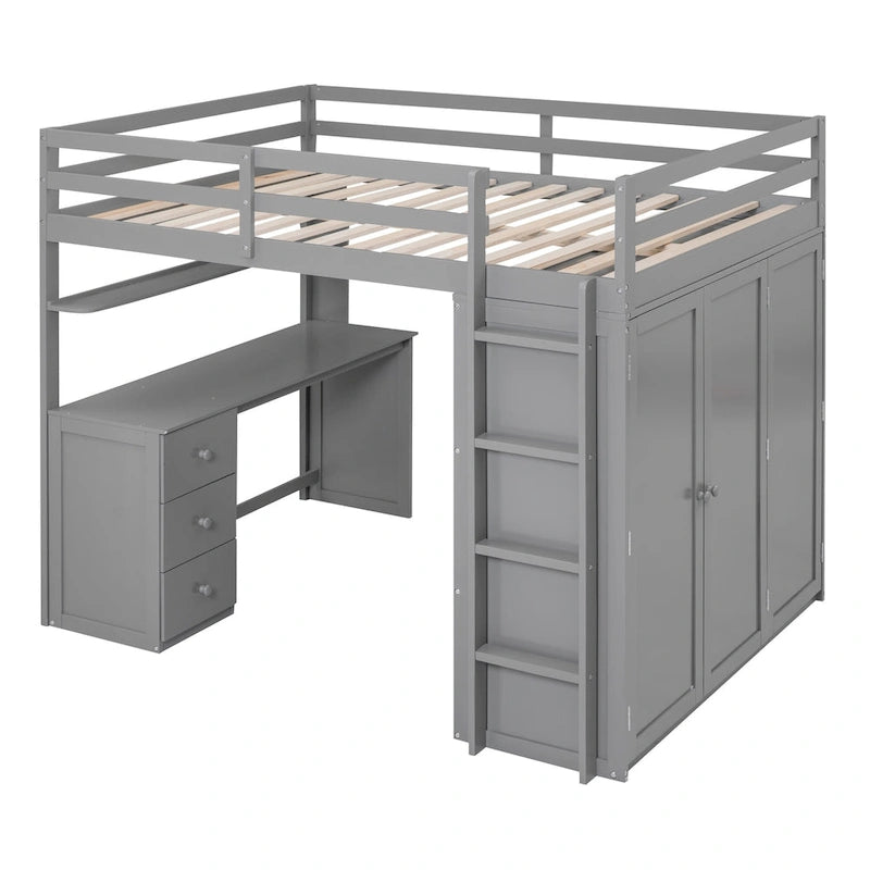Lit mezzanine complet avec poste de travail, armoire, bureau et tiroirs