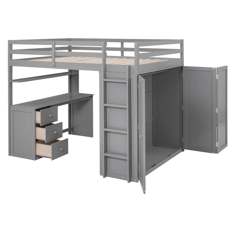 Lit mezzanine complet avec poste de travail, armoire, bureau et tiroirs