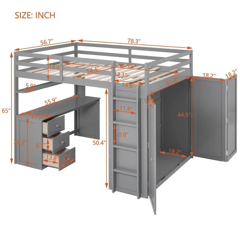 Lit mezzanine complet avec poste de travail, armoire, bureau et tiroirs
