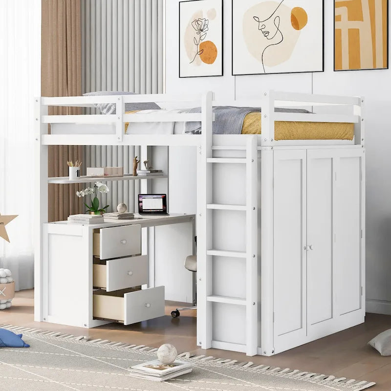 Lit mezzanine complet avec poste de travail, armoire, bureau et tiroirs