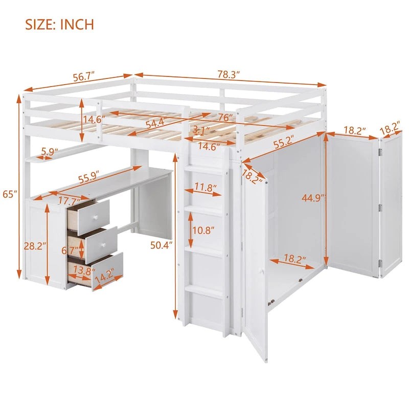 Lit mezzanine complet avec poste de travail, armoire, bureau et tiroirs