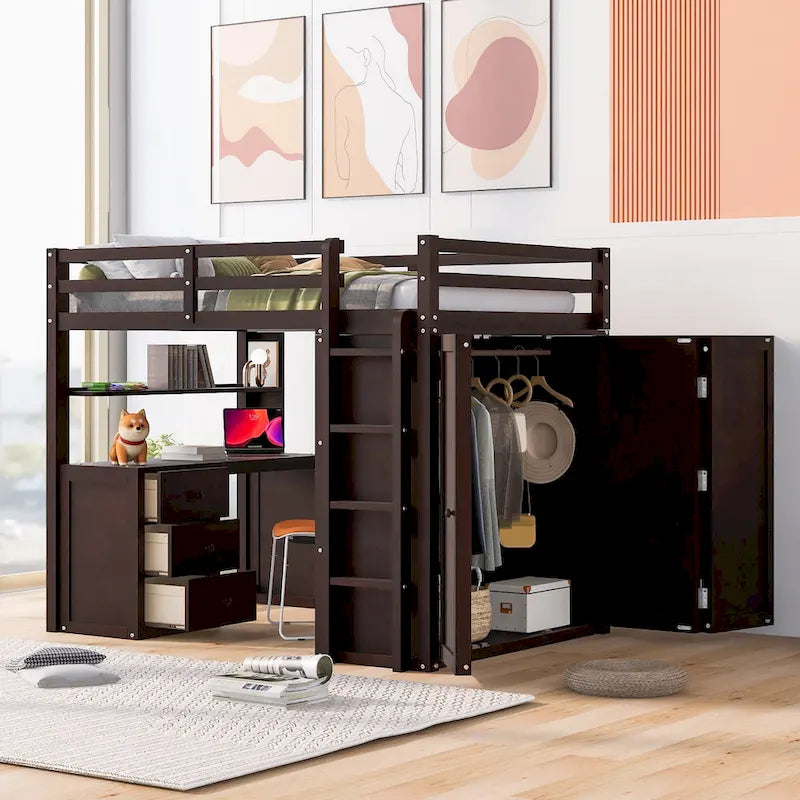 Lit mezzanine complet avec poste de travail, armoire, bureau et tiroirs