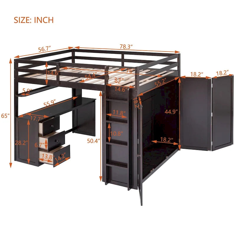 Lit mezzanine complet avec poste de travail, armoire, bureau et tiroirs