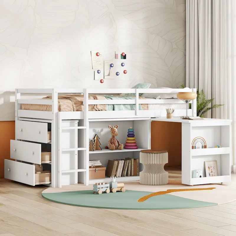 Lit mezzanine jumeau avec bureau coulissant, armoire à 3 tiroirs et étagères