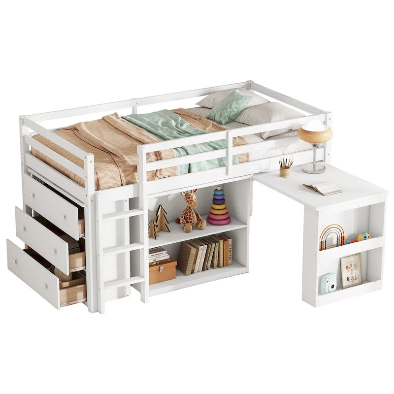 Lit mezzanine jumeau avec bureau coulissant, armoire à 3 tiroirs et étagères
