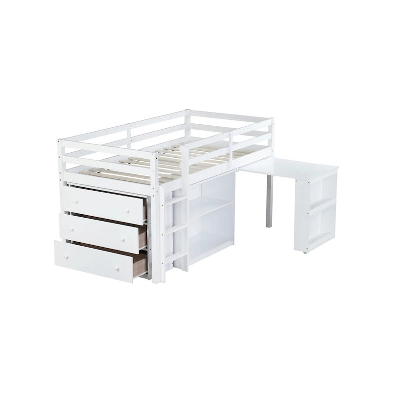 Lit mezzanine jumeau avec bureau coulissant, armoire à 3 tiroirs et étagères