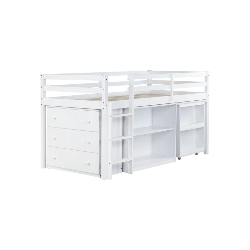 Lit mezzanine jumeau avec bureau coulissant, armoire à 3 tiroirs et étagères