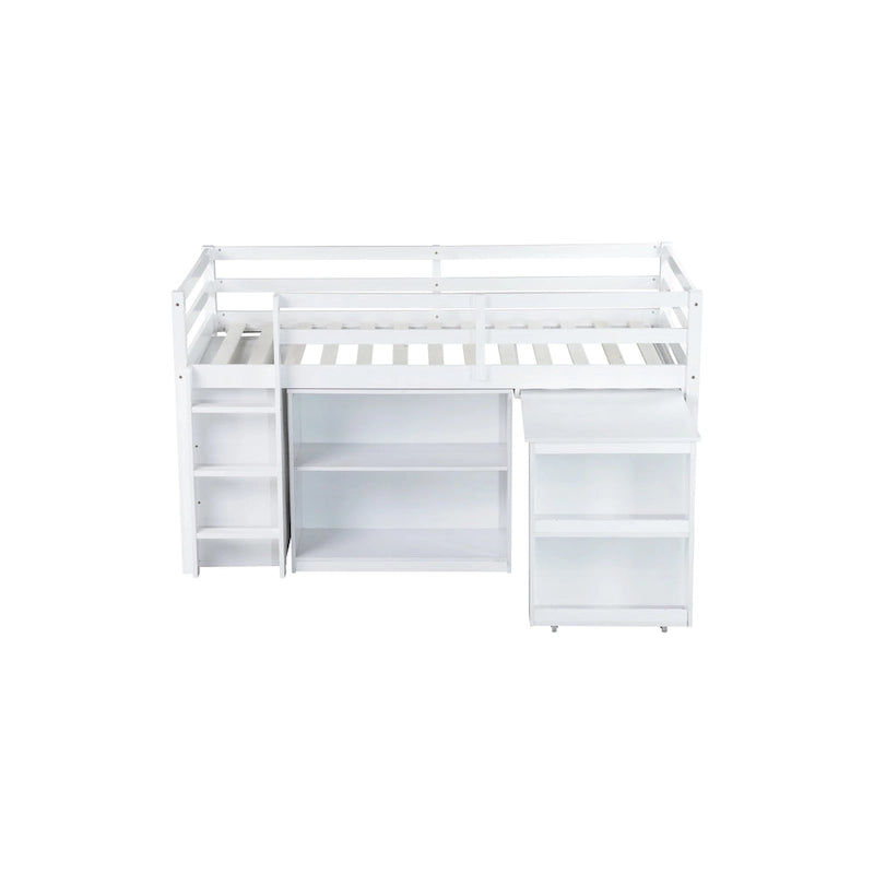 Lit mezzanine jumeau avec bureau coulissant, armoire à 3 tiroirs et étagères