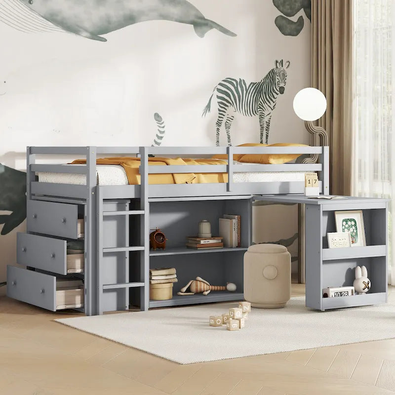 Lit mezzanine jumeau avec bureau coulissant, armoire à 3 tiroirs et étagères