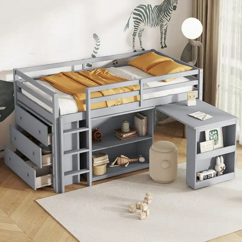 Lit mezzanine jumeau avec bureau coulissant, armoire à 3 tiroirs et étagères