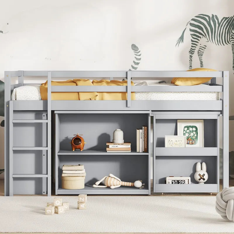 Lit mezzanine jumeau avec bureau coulissant, armoire à 3 tiroirs et étagères