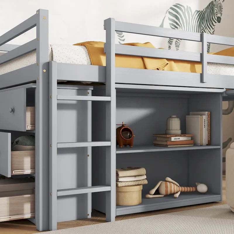 Lit mezzanine jumeau avec bureau coulissant, armoire à 3 tiroirs et étagères