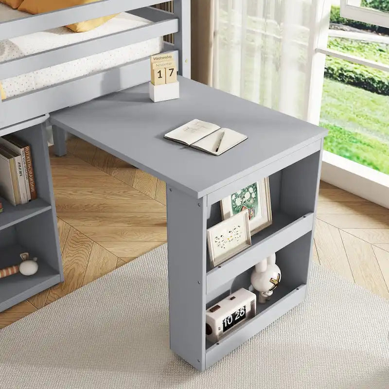 Lit mezzanine jumeau avec bureau coulissant, armoire à 3 tiroirs et étagères