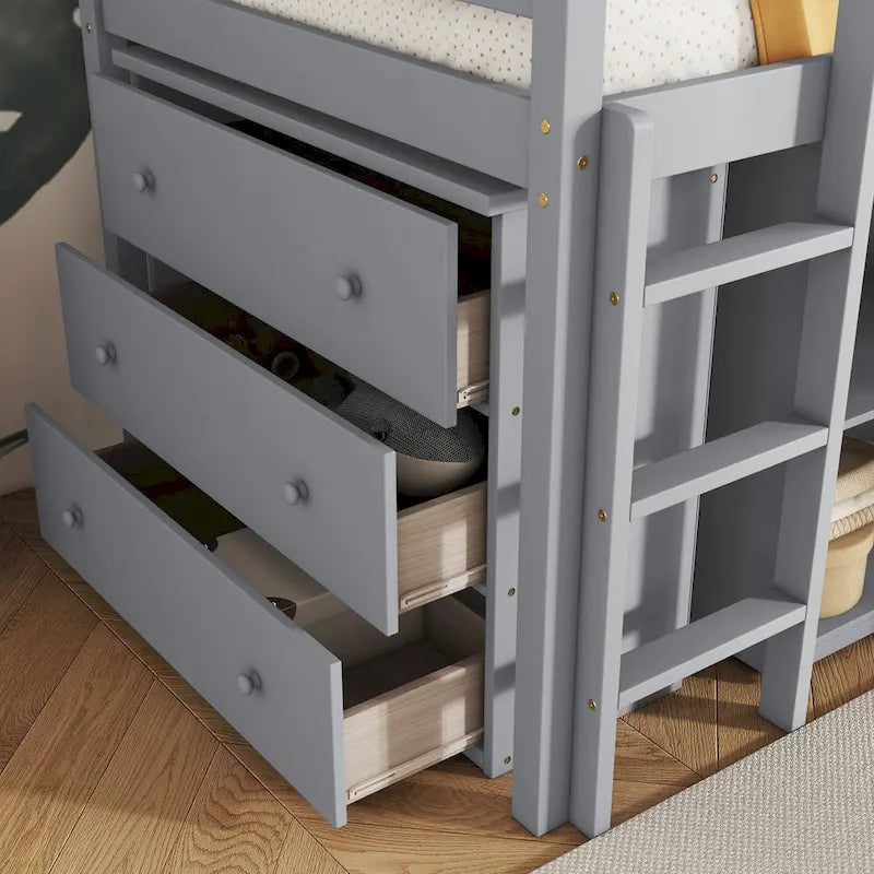 Lit mezzanine jumeau avec bureau coulissant, armoire à 3 tiroirs et étagères