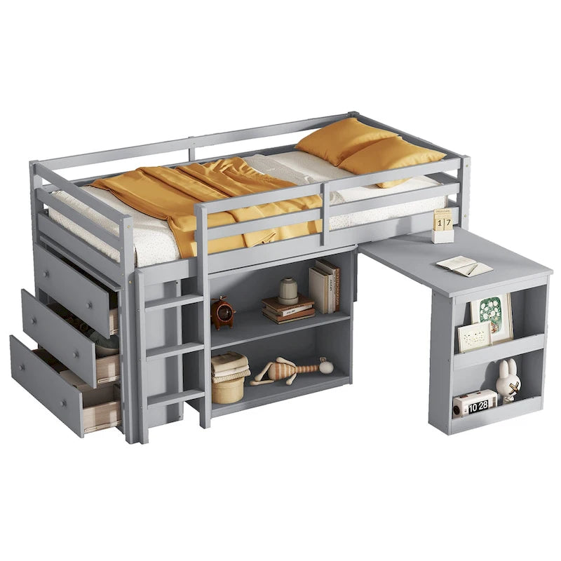 Lit mezzanine jumeau avec bureau coulissant, armoire à 3 tiroirs et étagères