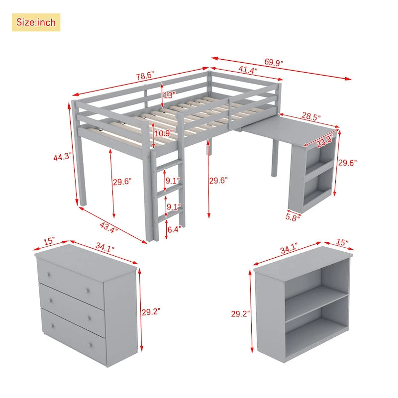 Lit mezzanine jumeau avec bureau coulissant, armoire à 3 tiroirs et étagères