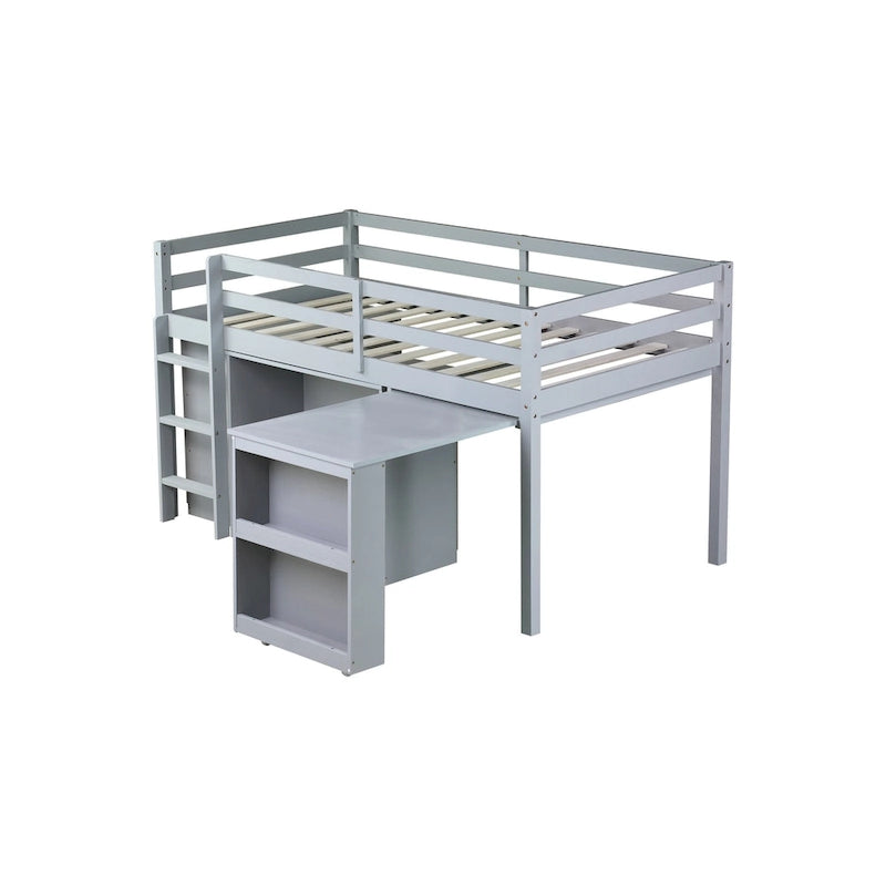 Lit mezzanine jumeau avec bureau coulissant, armoire à 3 tiroirs et étagères
