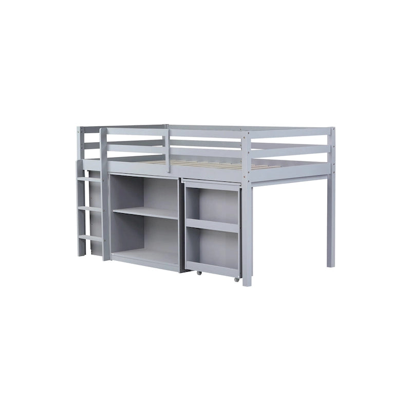 Lit mezzanine jumeau avec bureau coulissant, armoire à 3 tiroirs et étagères