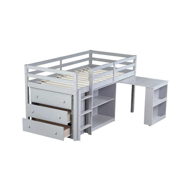 Lit mezzanine jumeau avec bureau coulissant, armoire à 3 tiroirs et étagères