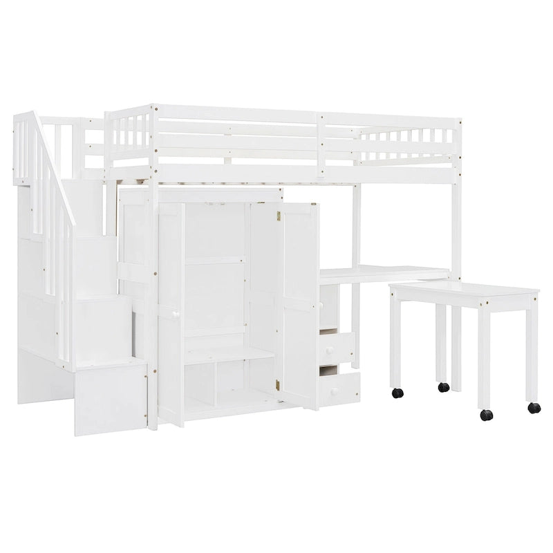 Twin Loft Bed with Staircase, Study Station & 5-in-1 Storage