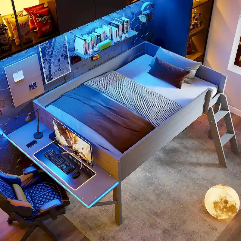 Lit mezzanine Gaming en bois massif avec bureau et rangements intégrés et éclairage LED