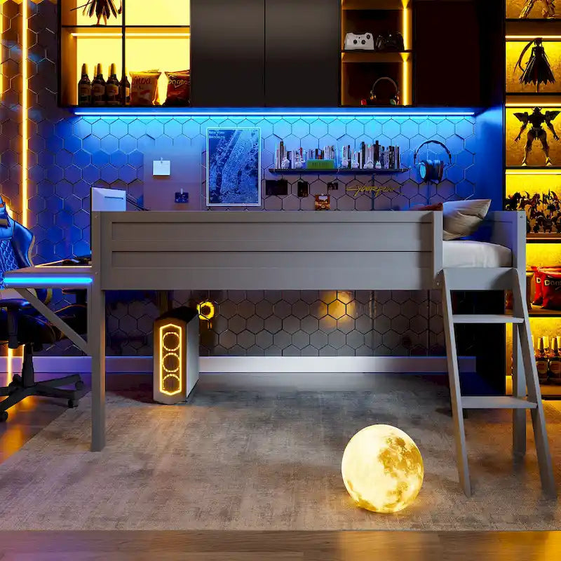 Lit mezzanine Gaming en bois massif avec bureau et rangements intégrés et éclairage LED