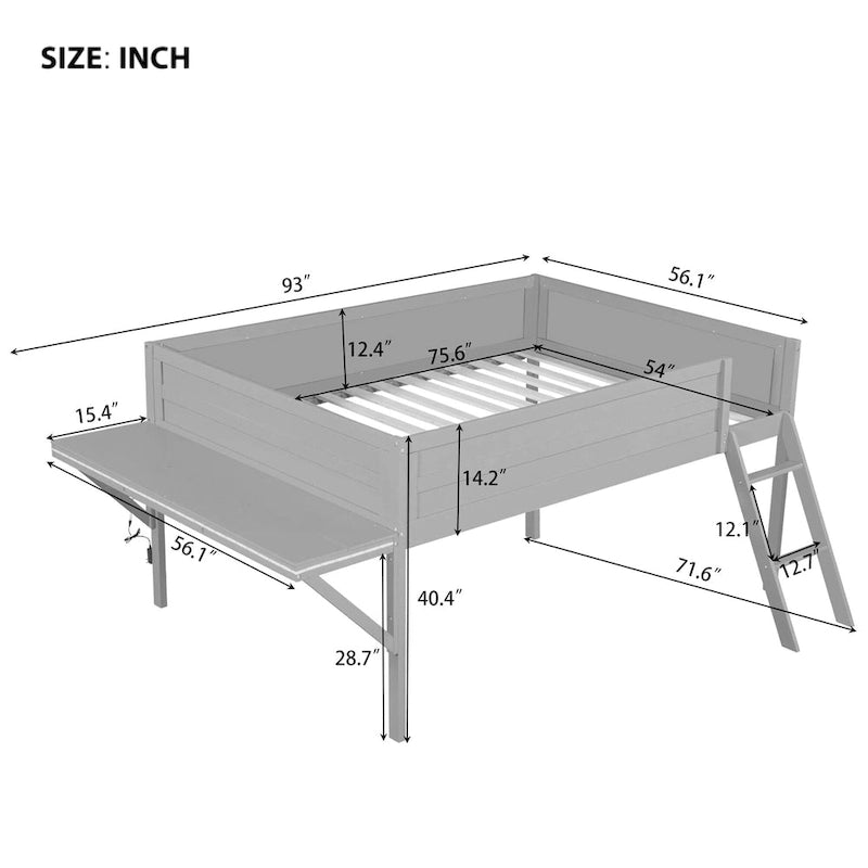 Lit mezzanine Gaming en bois massif avec bureau et rangements intégrés et éclairage LED