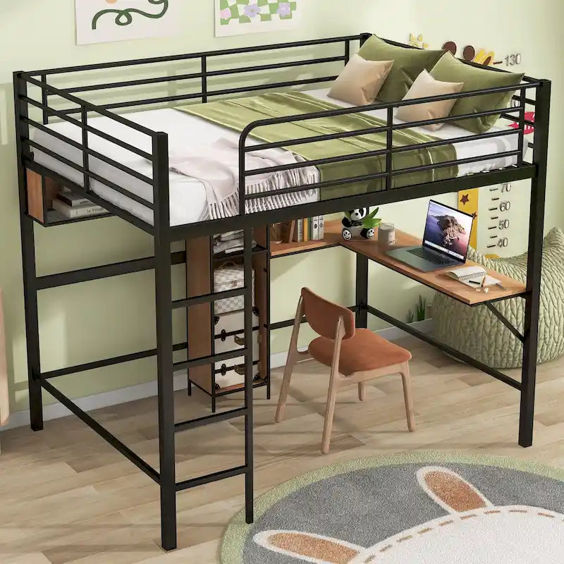 Lit mezzanine double en métal et bois avec bureau en L et étagères