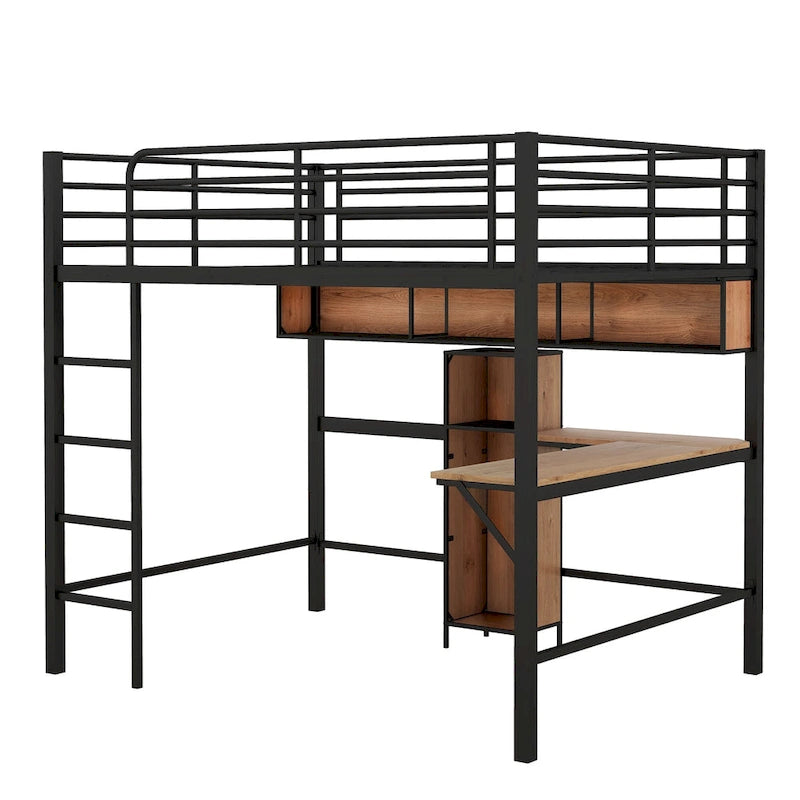 Lit mezzanine double en métal et bois avec bureau en L et étagères