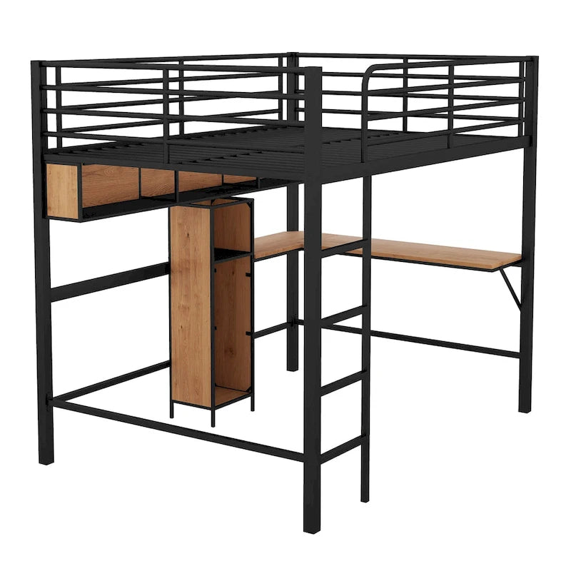 Lit mezzanine double en métal et bois avec bureau en L et étagères