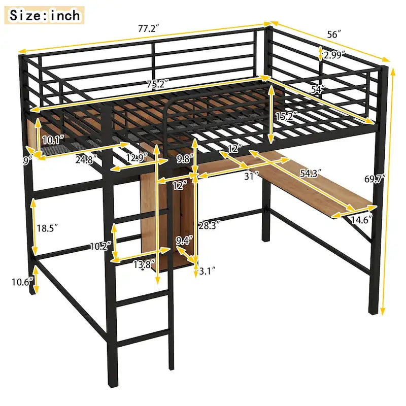 Lit mezzanine double en métal et bois avec bureau en L et étagères