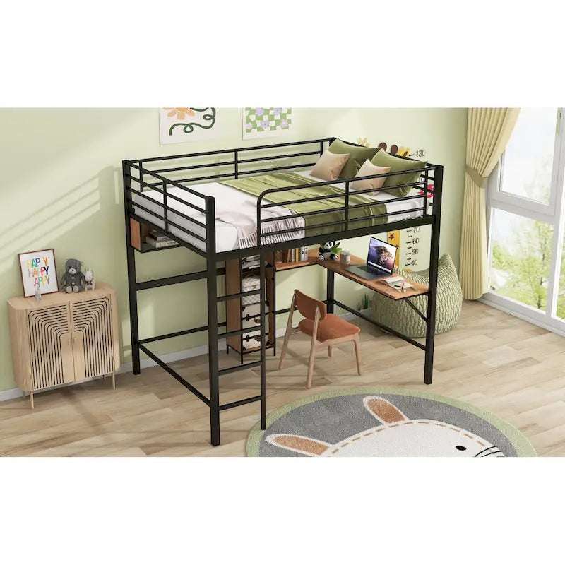 Lit mezzanine double en métal et bois avec bureau en L et étagères
