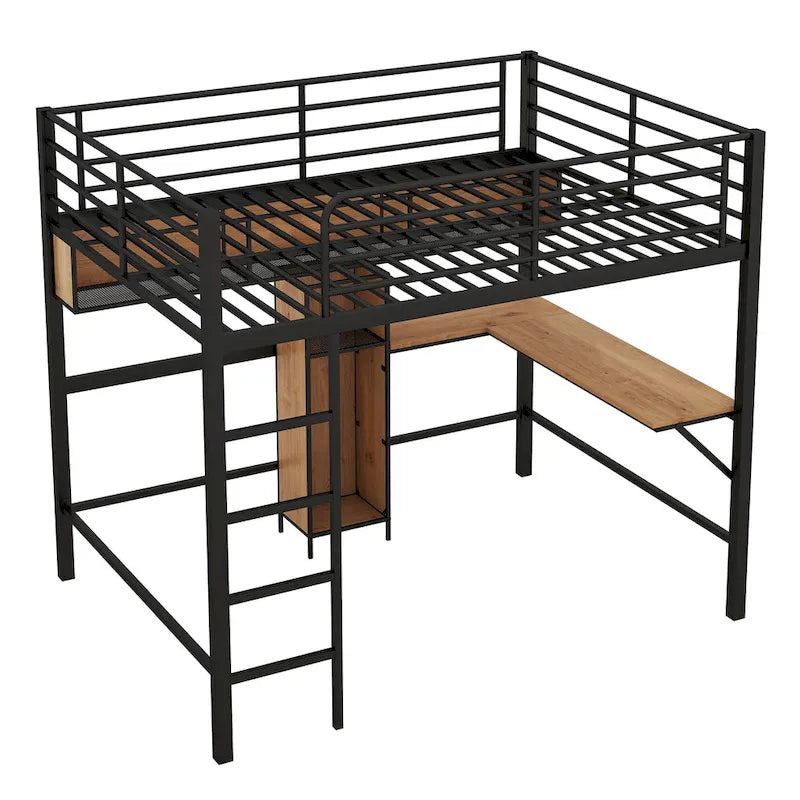 Lit mezzanine double en métal et bois avec bureau en L et étagères