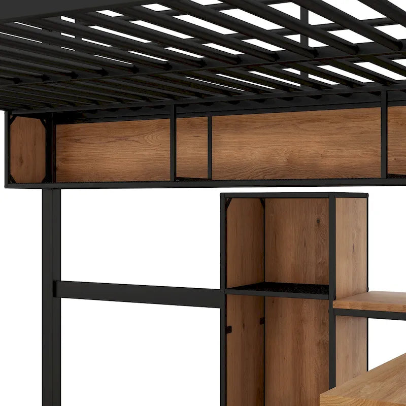 Lit mezzanine double en métal et bois avec bureau en L et étagères