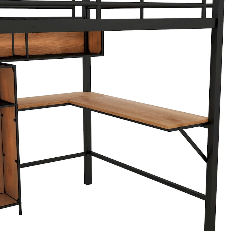 Lit mezzanine double en métal et bois avec bureau en L et étagères