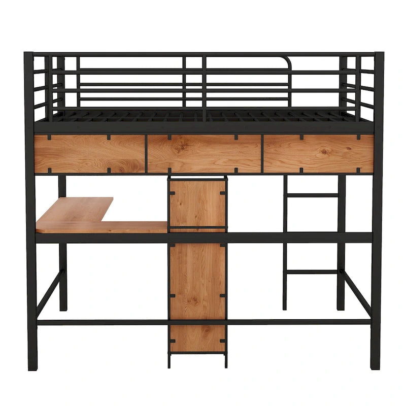 Lit mezzanine double en métal et bois avec bureau en L et étagères