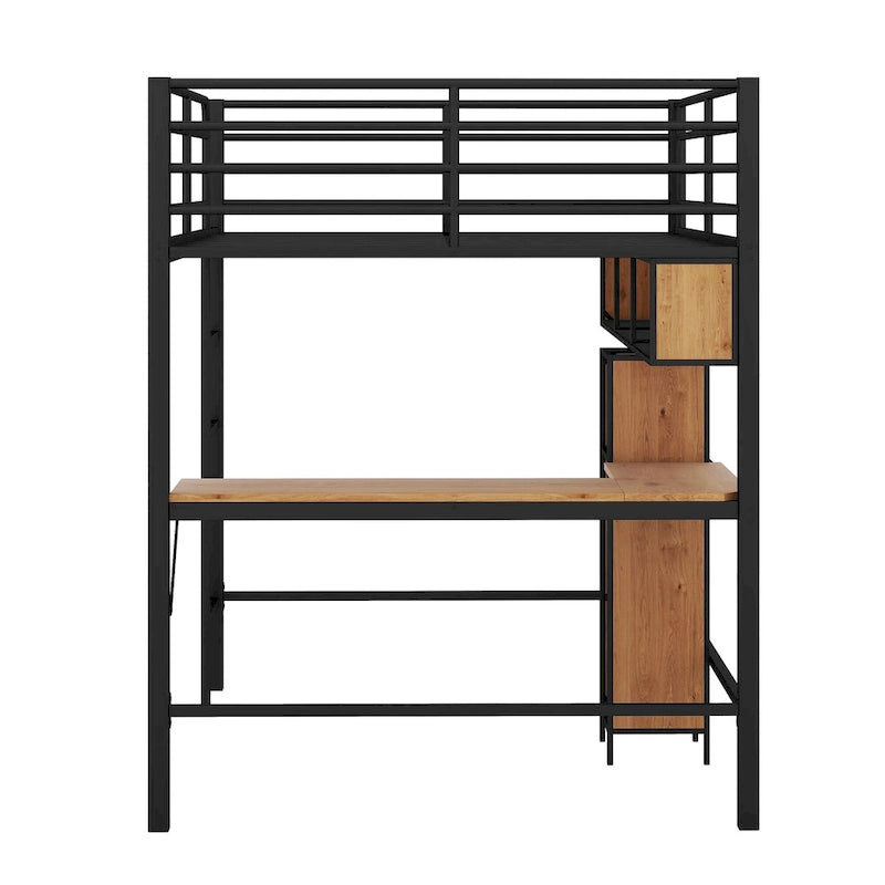 Lit mezzanine double en métal et bois avec bureau en L et étagères