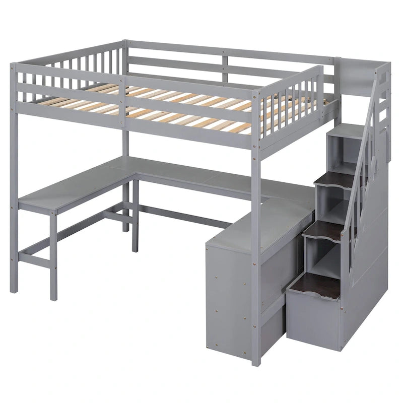Lit mezzanine pleine grandeur avec bureau intégré en L, étagères de rangement à trois niveaux et escalier de rangement attenant, blanc