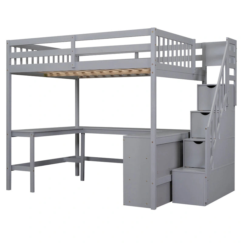 Lit mezzanine pleine grandeur avec bureau intégré en L, étagères de rangement à trois niveaux et escalier de rangement attenant, blanc