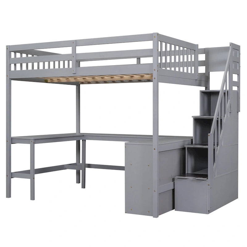 Lit mezzanine pleine grandeur avec bureau intégré en L, étagères de rangement à trois niveaux et escalier de rangement attenant, blanc