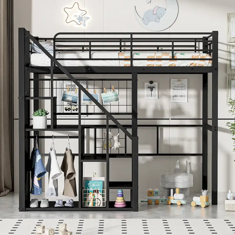 Lit mezzanine moderne de taille double avec escalier de rangement et petite armoire, cadre de lit mezzanine en métal robuste avec barrières de sécurité pour enfants garçons et filles