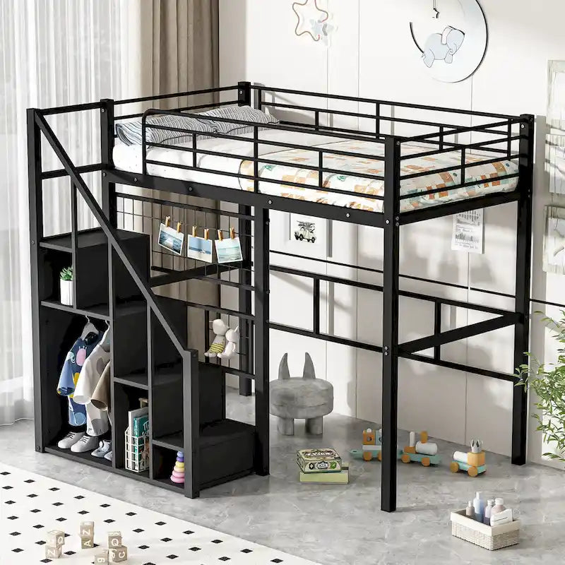 Modern Twin Size Loft Bed with Storage Staircase & Small Wardrobe, Sturdy Metal Loft Bed Frame w/Guardrails for Kids Boys Girls