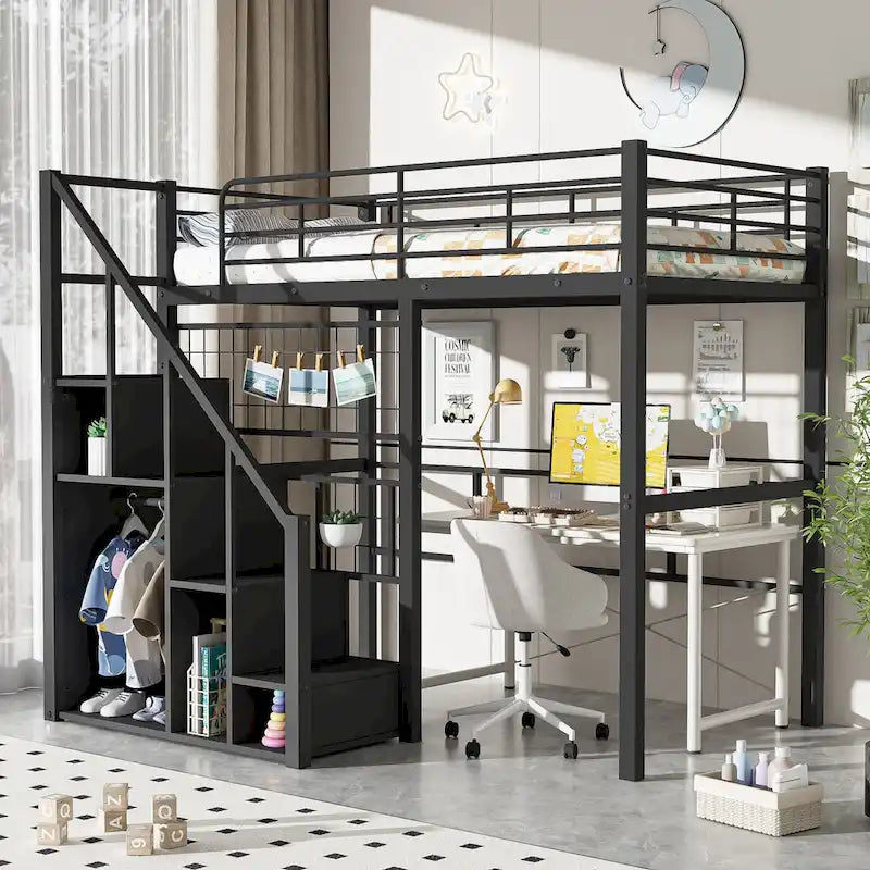 Lit mezzanine moderne de taille double avec escalier de rangement et petite armoire, cadre de lit mezzanine en métal robuste avec barrières de sécurité pour enfants garçons et filles