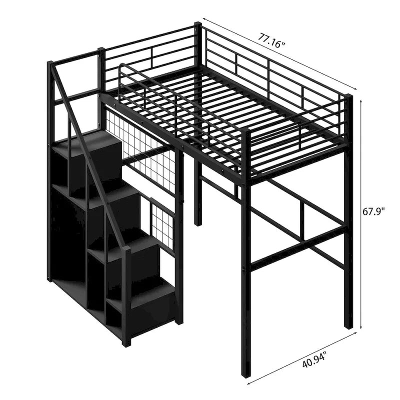 Lit mezzanine moderne de taille double avec escalier de rangement et petite armoire, cadre de lit mezzanine en métal robuste avec barrières de sécurité pour enfants garçons et filles