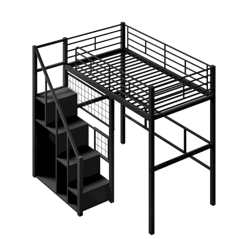 Lit mezzanine moderne de taille double avec escalier de rangement et petite armoire, cadre de lit mezzanine en métal robuste avec barrières de sécurité pour enfants garçons et filles