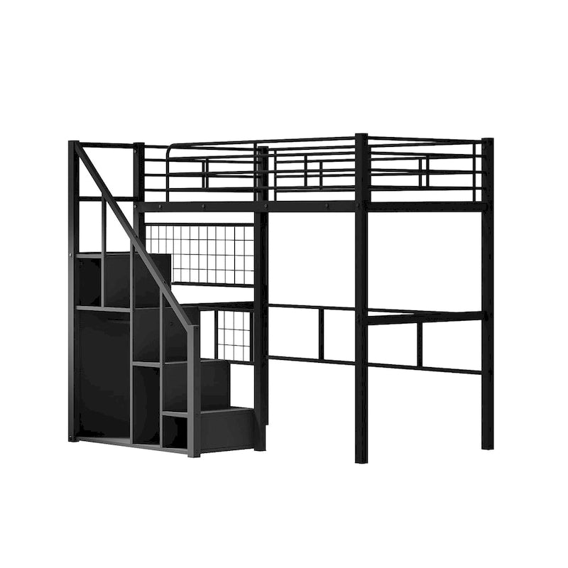 Lit mezzanine moderne de taille double avec escalier de rangement et petite armoire, cadre de lit mezzanine en métal robuste avec barrières de sécurité pour enfants garçons et filles