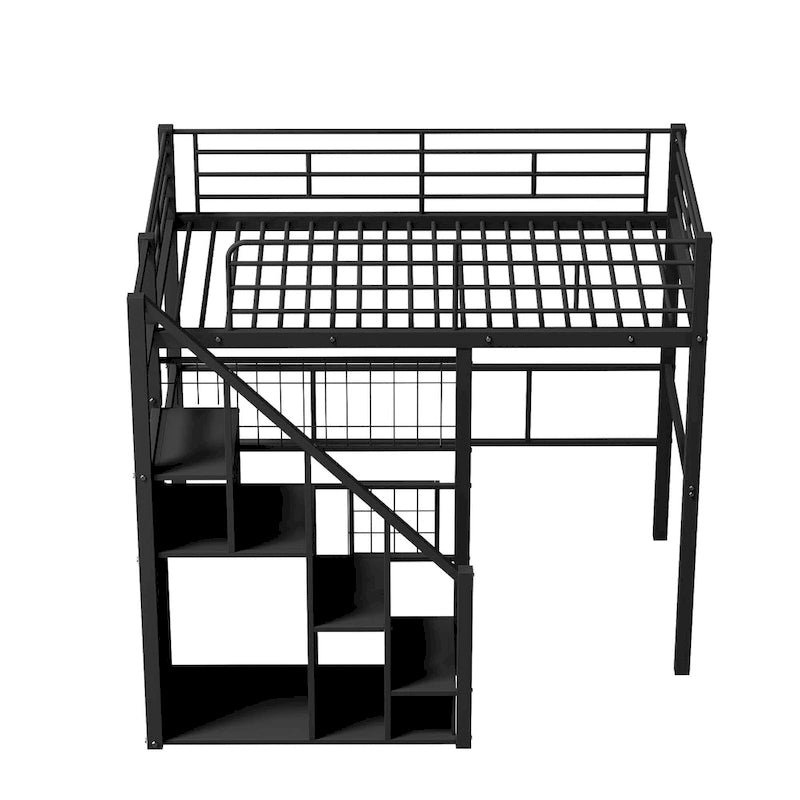 Lit mezzanine moderne de taille double avec escalier de rangement et petite armoire, cadre de lit mezzanine en métal robuste avec barrières de sécurité pour enfants garçons et filles