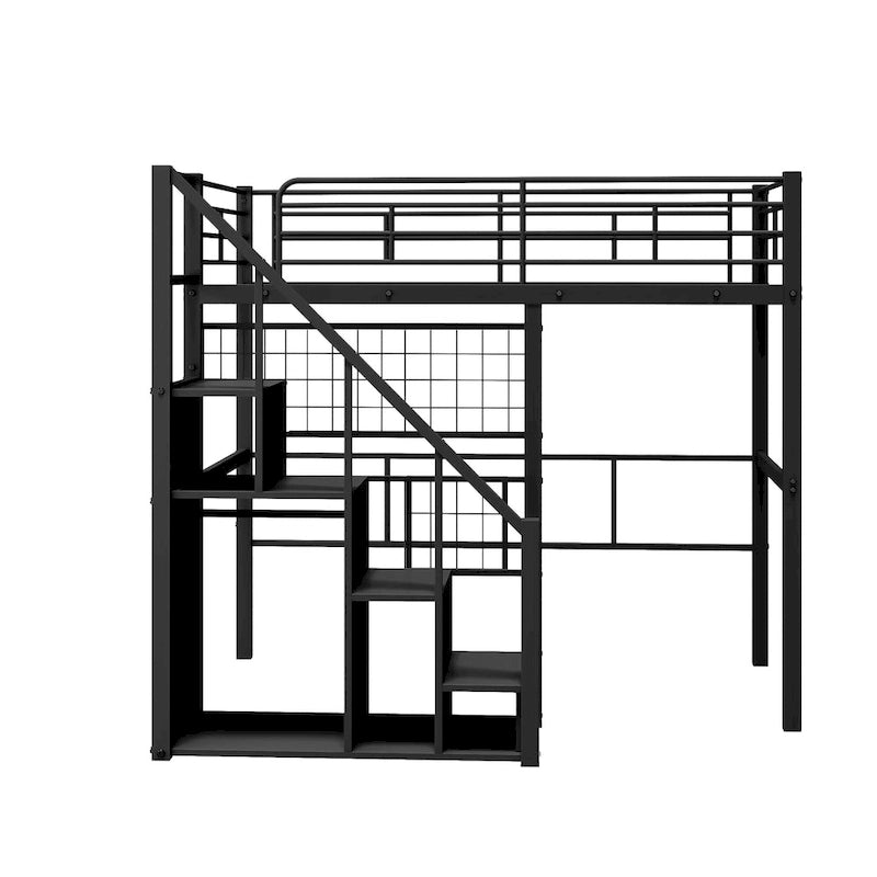 Lit mezzanine moderne de taille double avec escalier de rangement et petite armoire, cadre de lit mezzanine en métal robuste avec barrières de sécurité pour enfants garçons et filles