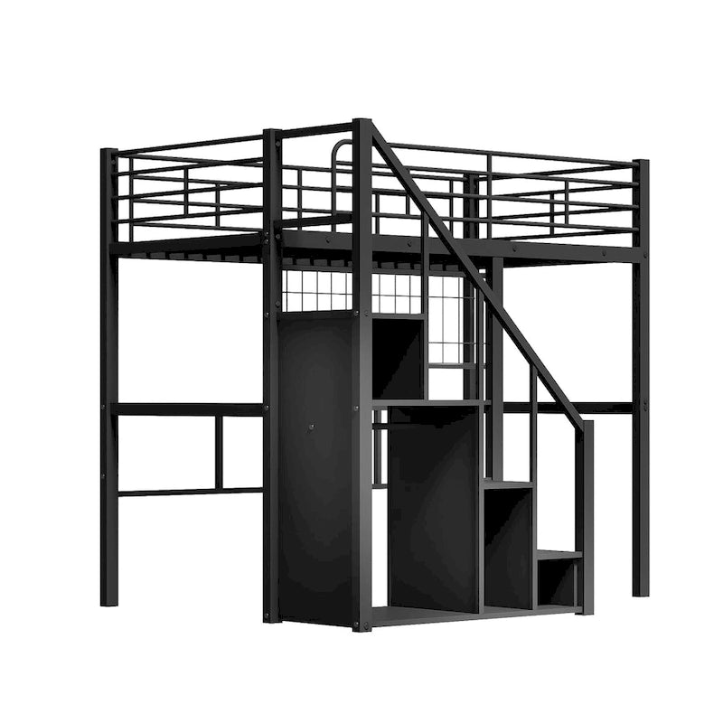 Lit mezzanine moderne de taille double avec escalier de rangement et petite armoire, cadre de lit mezzanine en métal robuste avec barrières de sécurité pour enfants garçons et filles